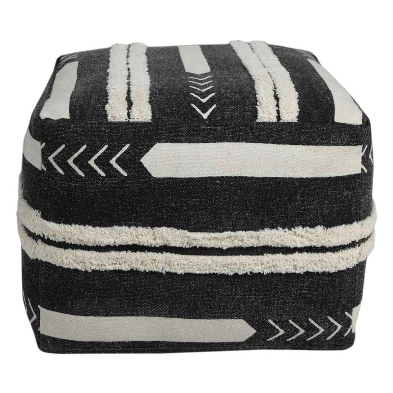 18" Black Cotton Geometric Pouf Ottoman
