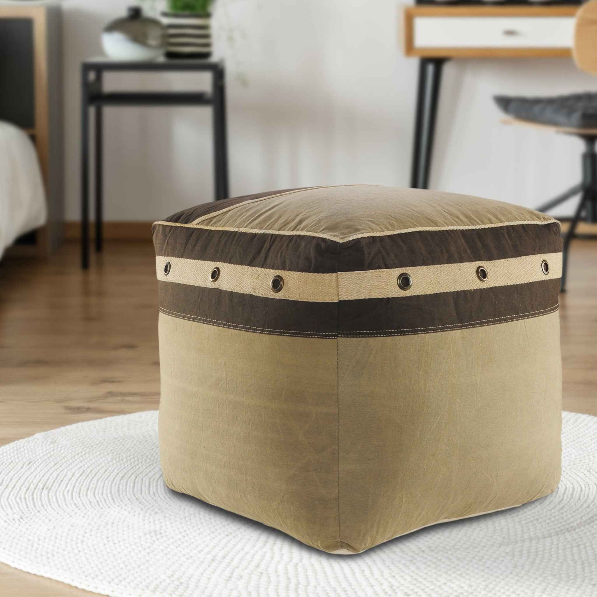 20" Brown Cotton Striped Pouf Ottoman