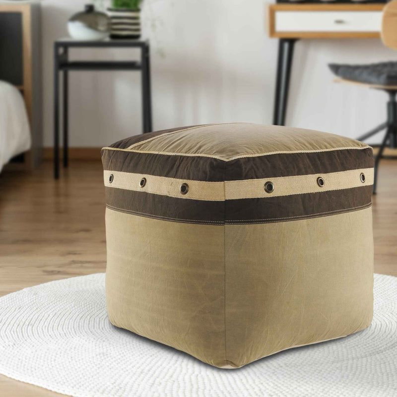 20" Brown Cotton Striped Pouf Ottoman