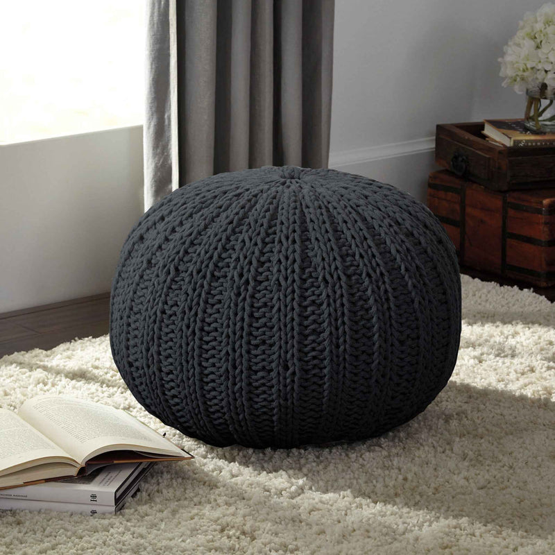 20" Black Cotton Round Pouf Ottoman