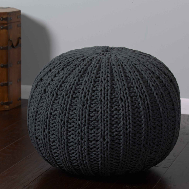 20" Black Cotton Round Pouf Ottoman