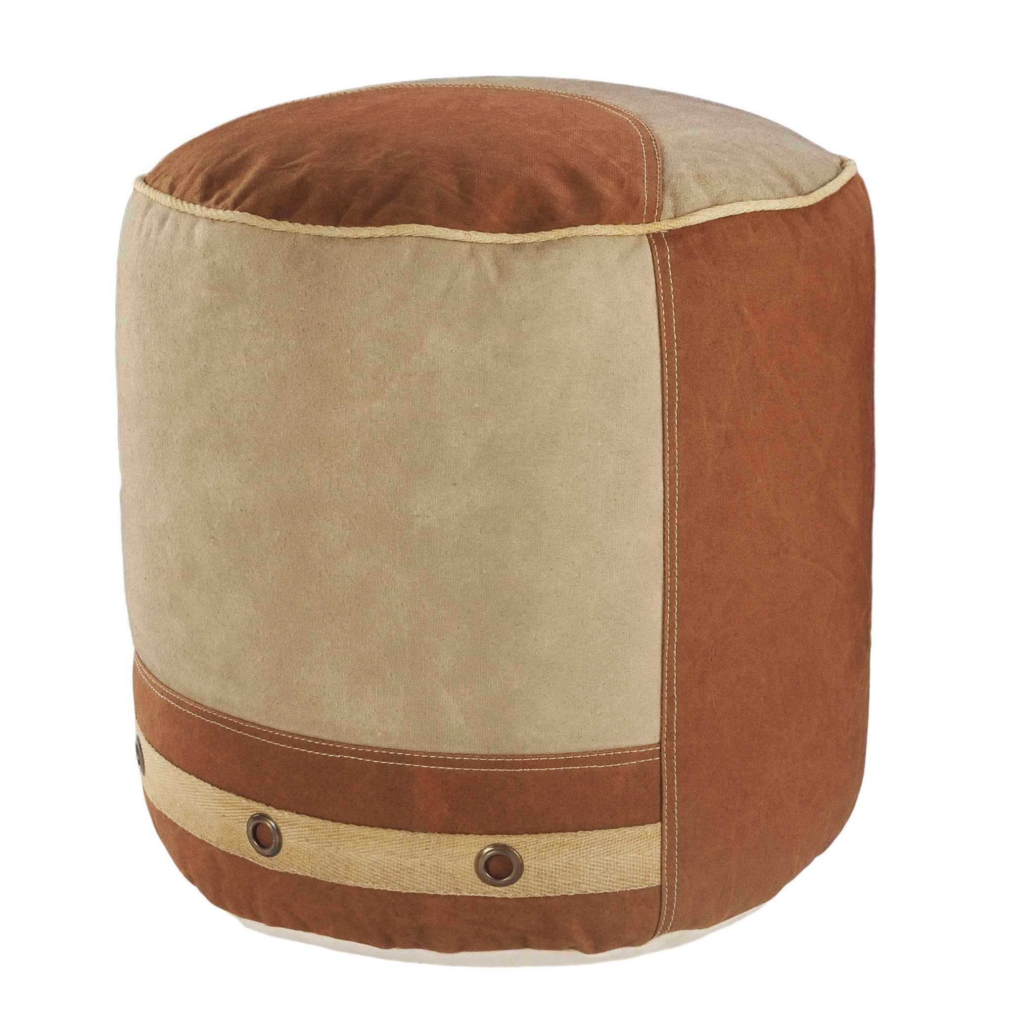 16" Tan Cotton Cylinder Striped Pouf Ottoman