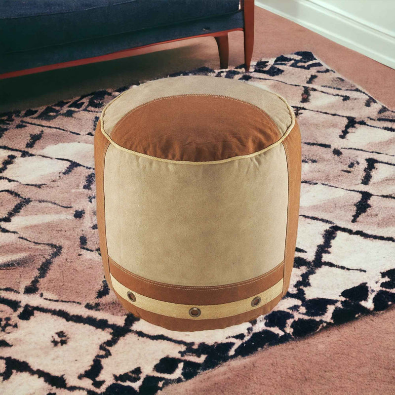16" Tan Cotton Cylinder Striped Pouf Ottoman