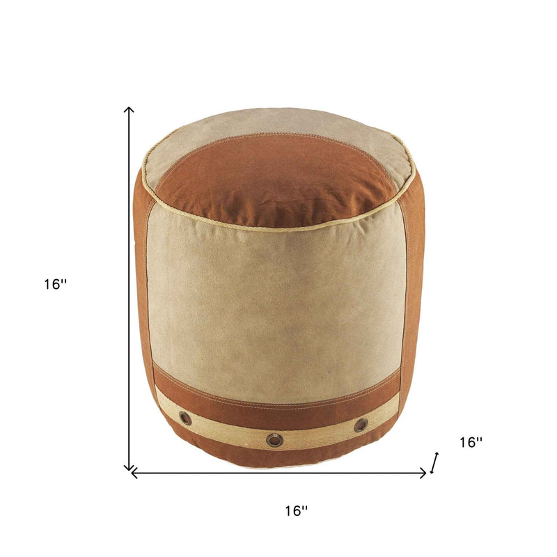 16" Tan Cotton Cylinder Striped Pouf Ottoman