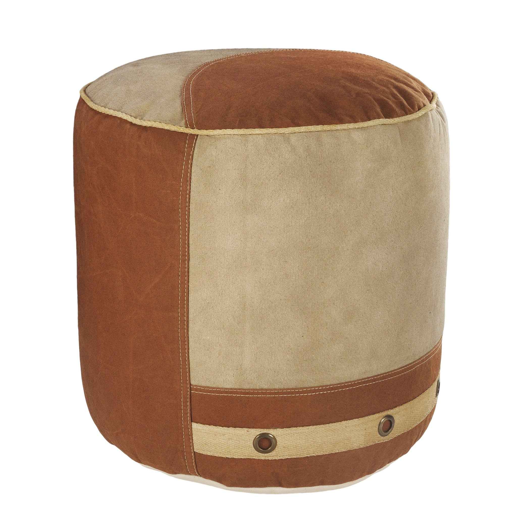 16" Tan Cotton Cylinder Striped Pouf Ottoman