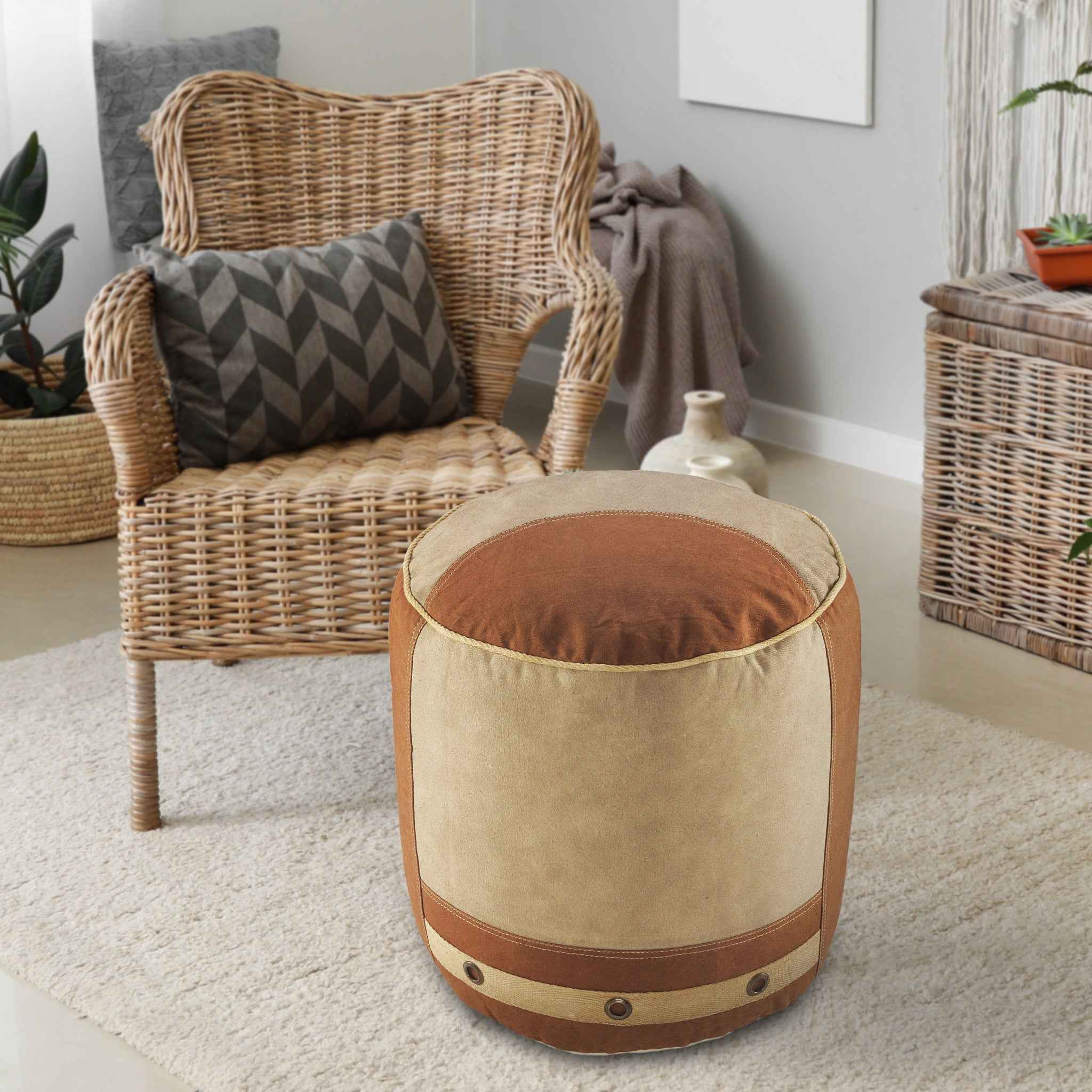 16" Tan Cotton Cylinder Striped Pouf Ottoman