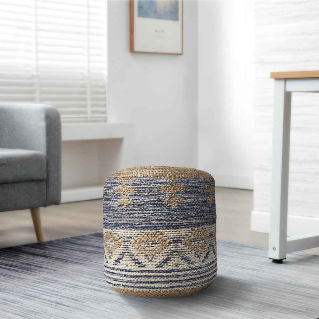 18" Blue Cylinder Geometric Pouf Ottoman