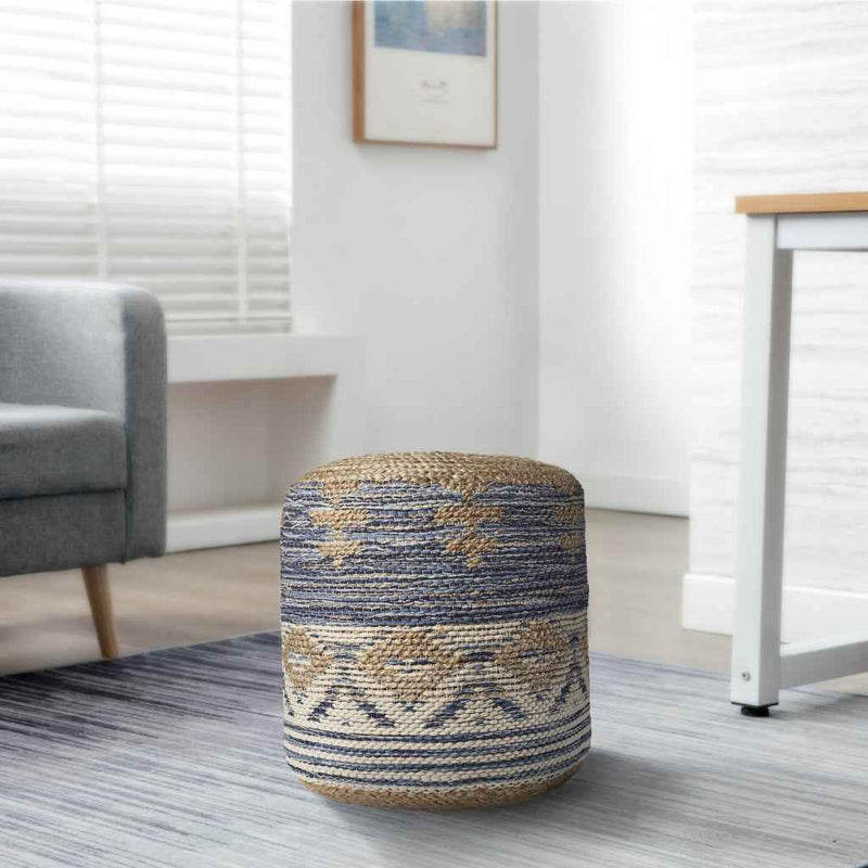 18" Blue Cylinder Geometric Pouf Ottoman