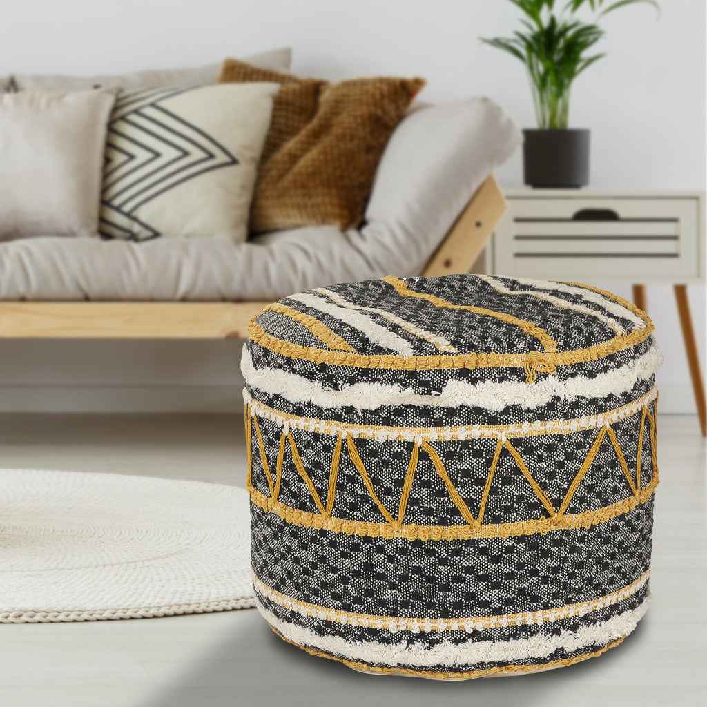 18" Black Cotton Cylinder Striped Pouf Ottoman