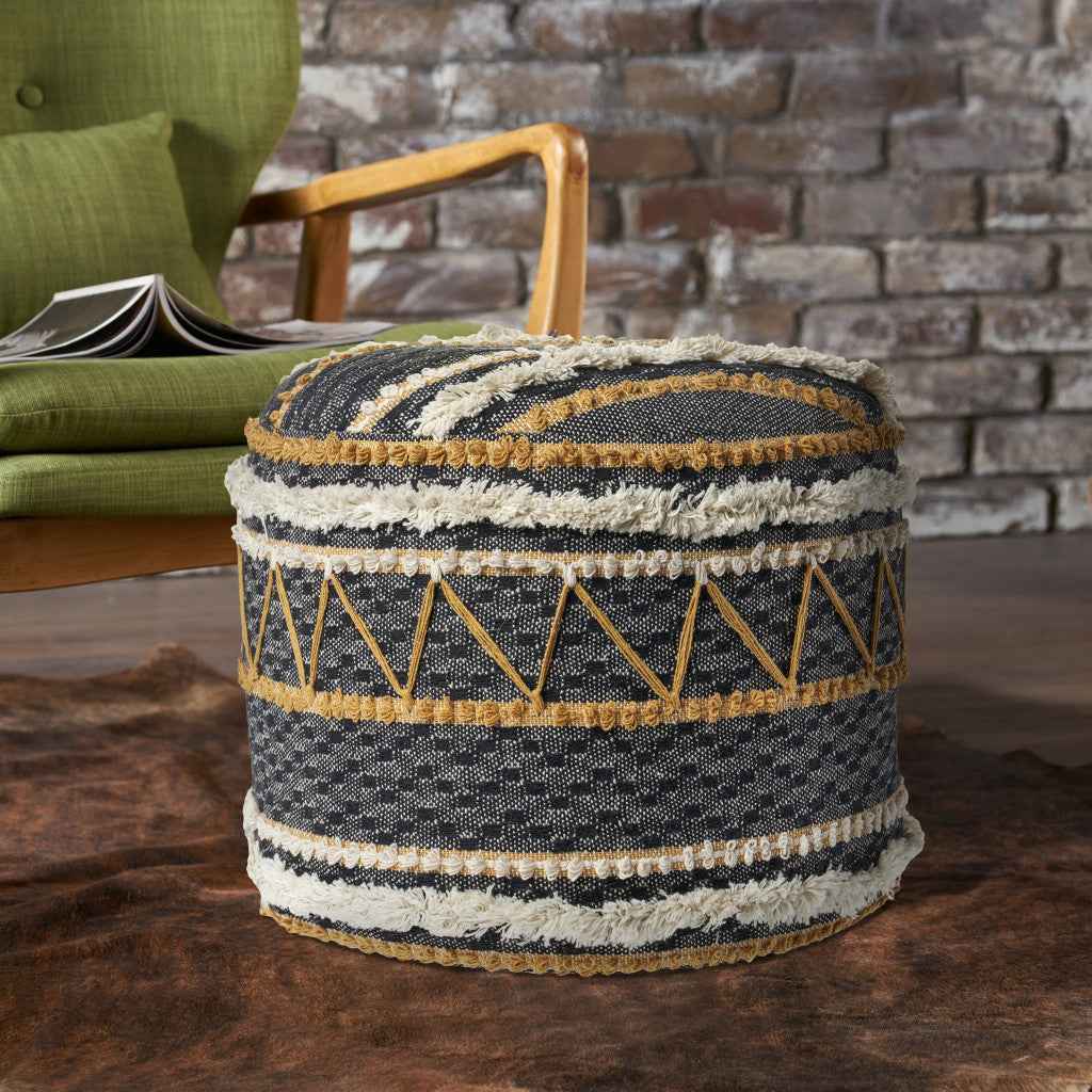 18" Black Cotton Cylinder Striped Pouf Ottoman