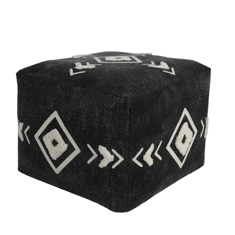 18" Black Cotton Geometric Pouf Ottoman