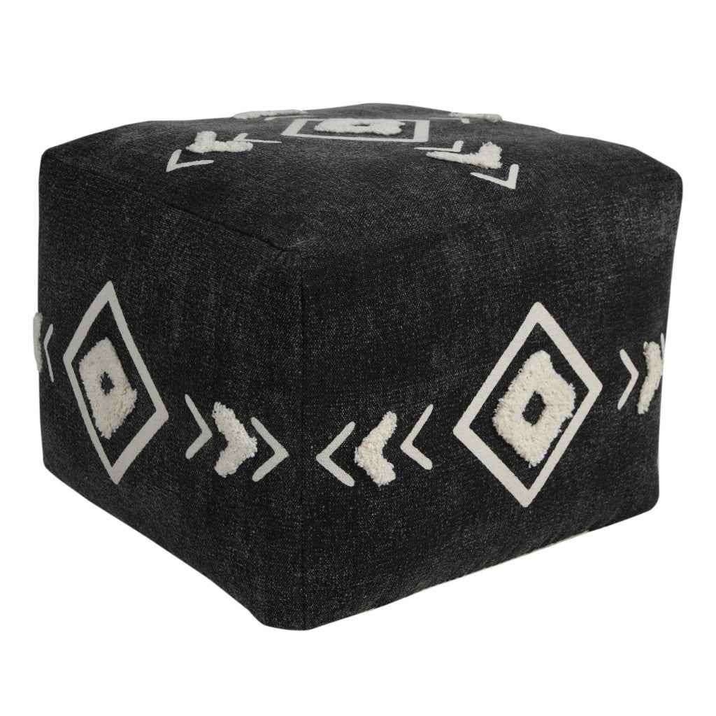 18" Black Cotton Geometric Pouf Ottoman