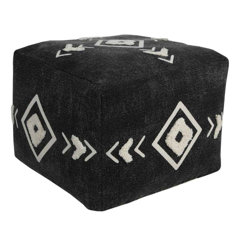 18" Black Cotton Geometric Pouf Ottoman