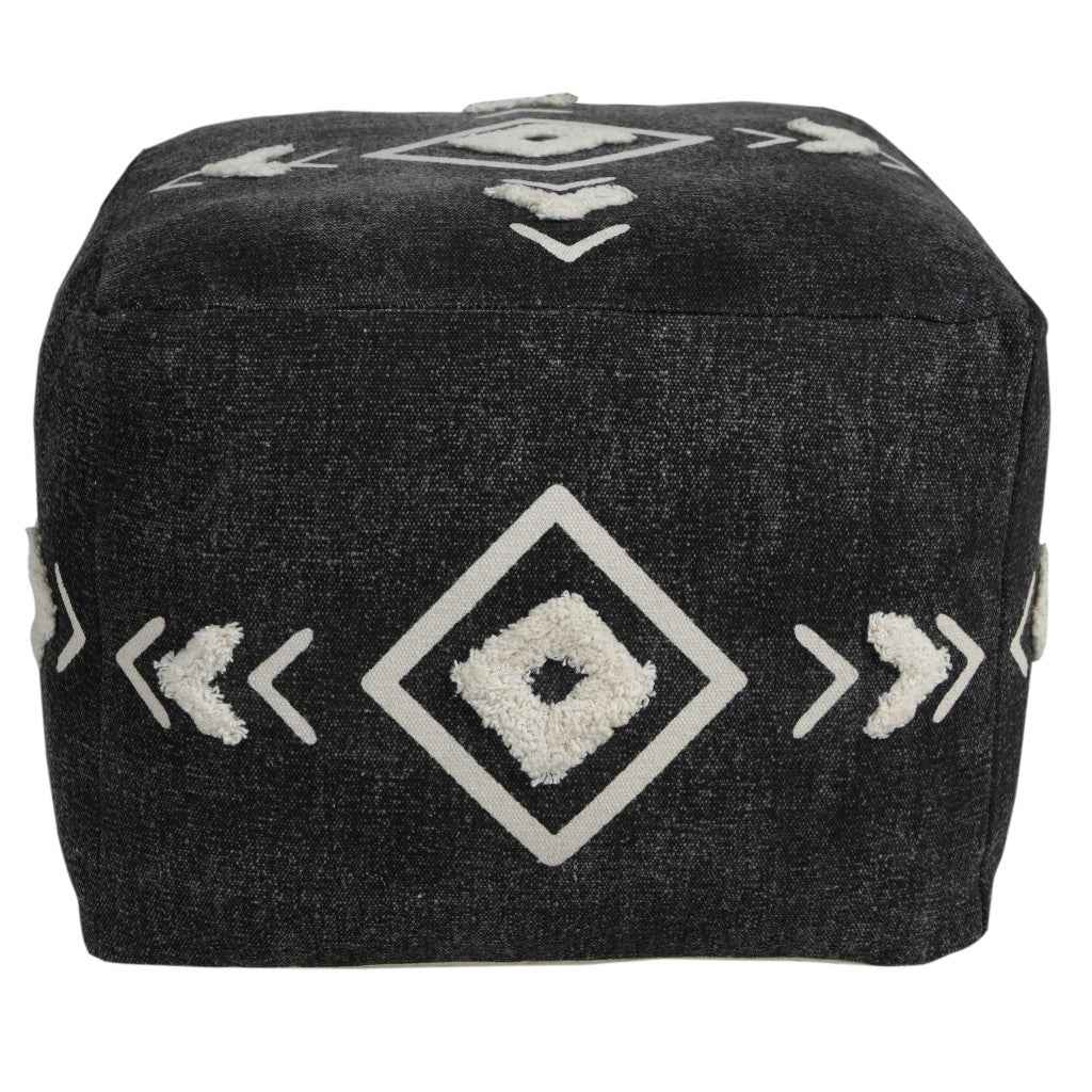 18" Black Cotton Geometric Pouf Ottoman