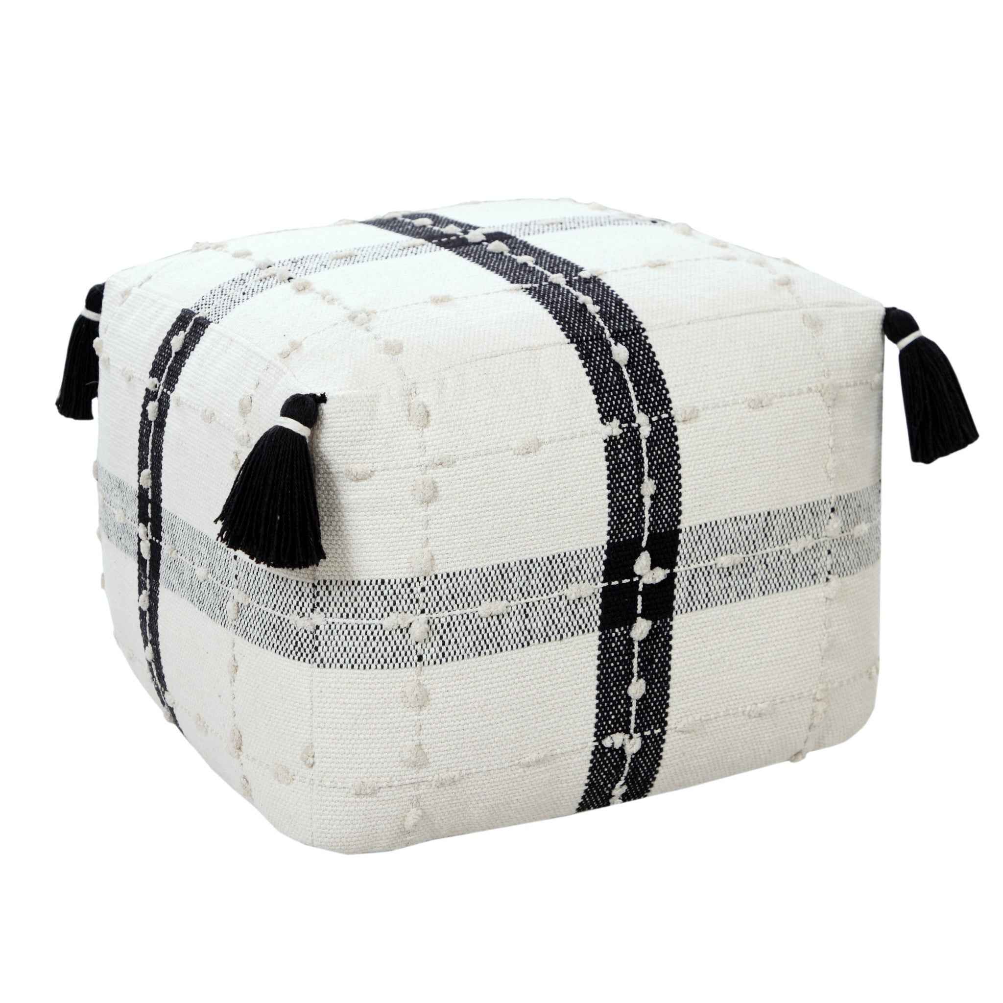 18" Black Cotton Striped Pouf Ottoman