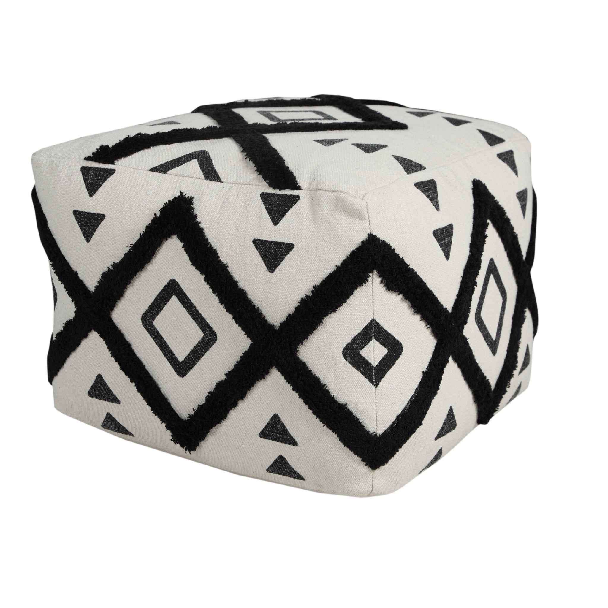 18" White Cotton Geometric Pouf Ottoman