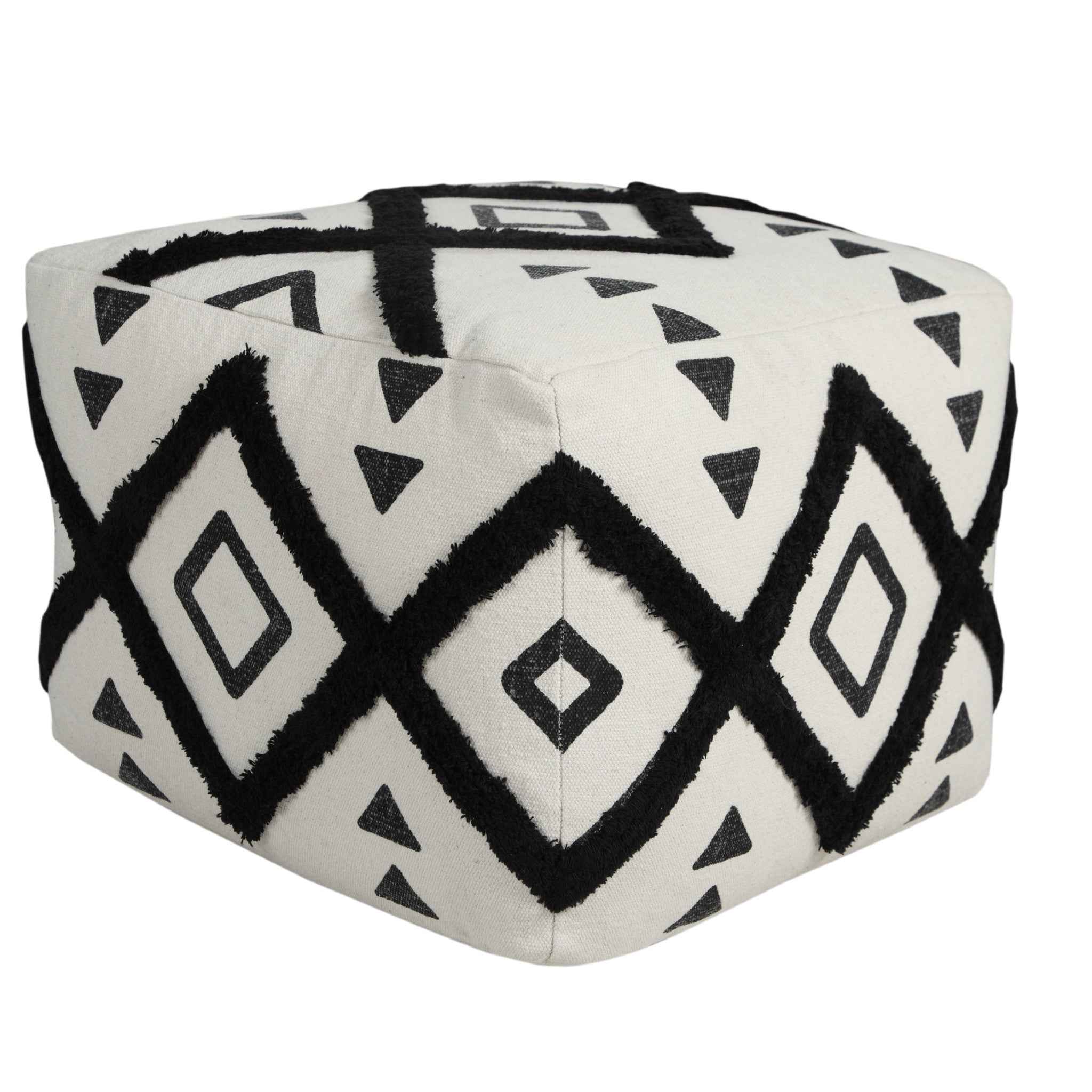 18" White Cotton Geometric Pouf Ottoman
