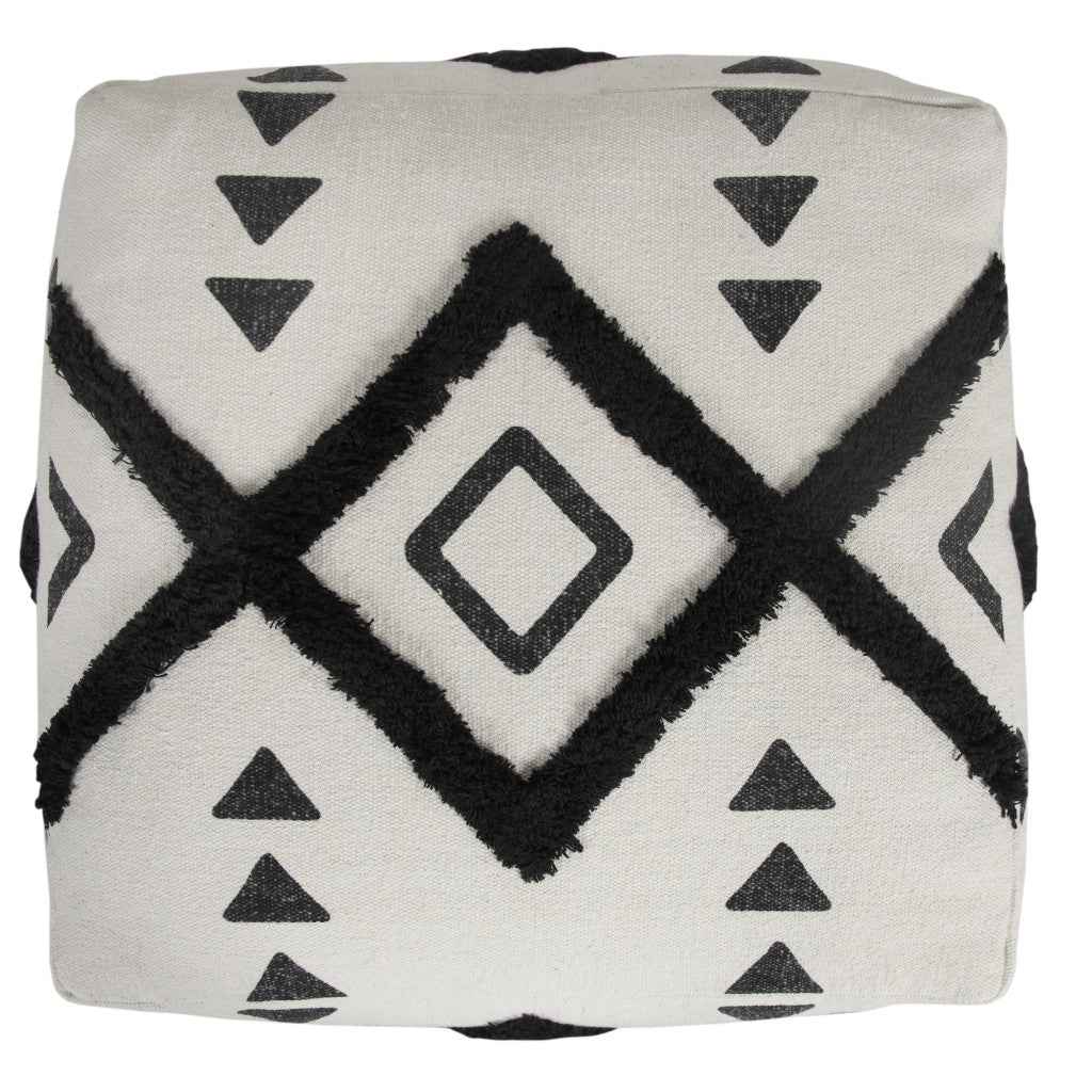 18" White Cotton Geometric Pouf Ottoman