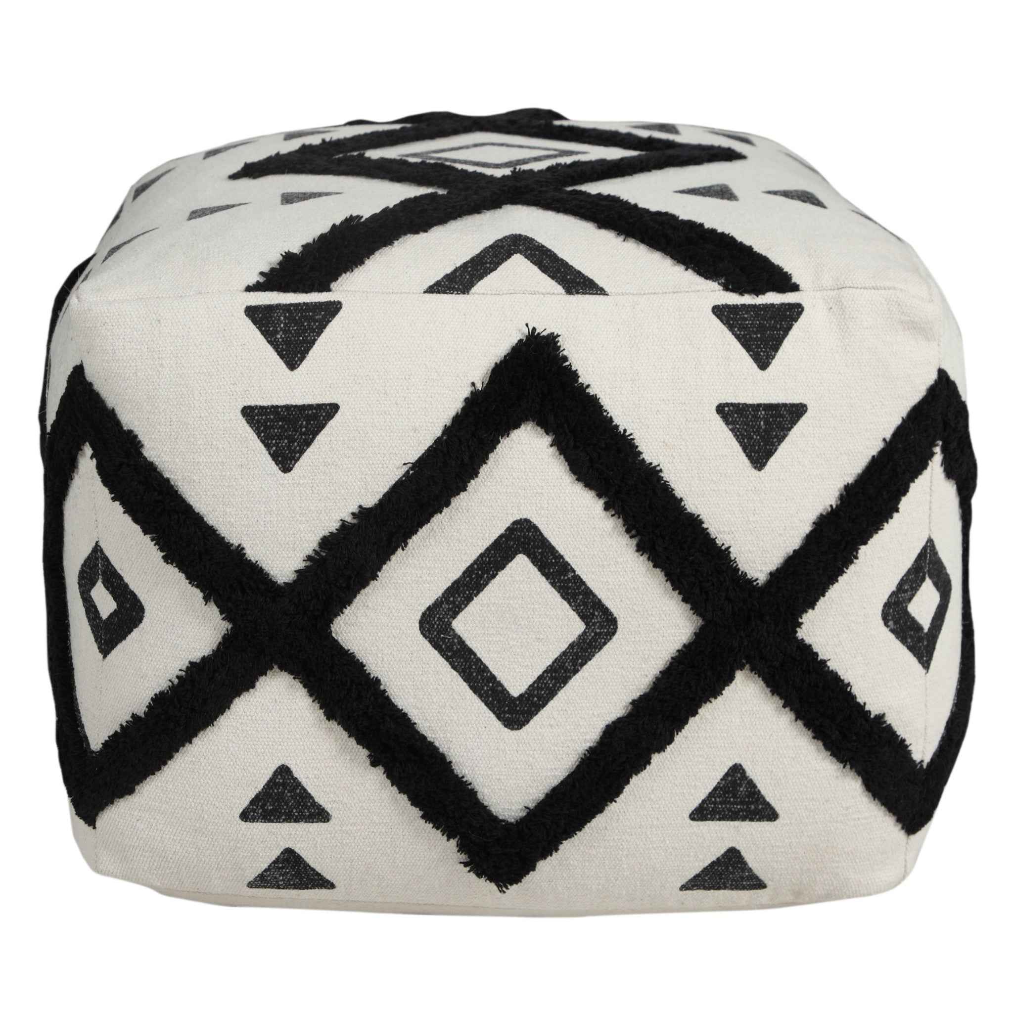 18" White Cotton Geometric Pouf Ottoman