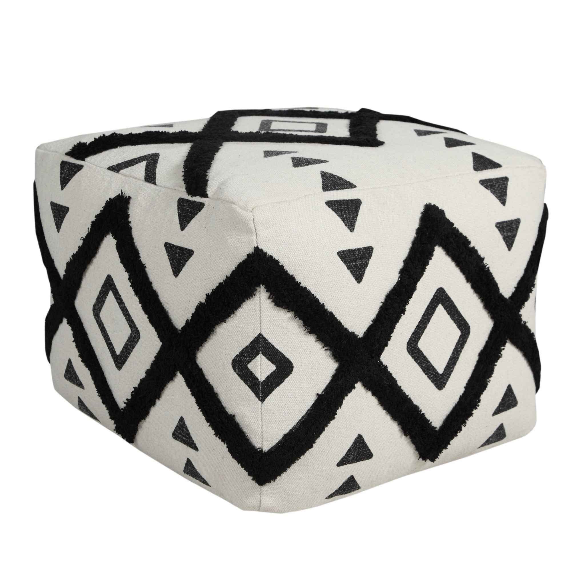 18" White Cotton Geometric Pouf Ottoman