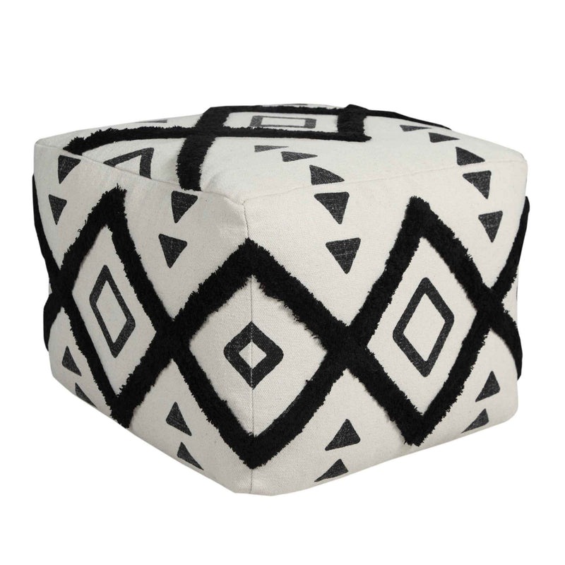 18" White Cotton Geometric Pouf Ottoman