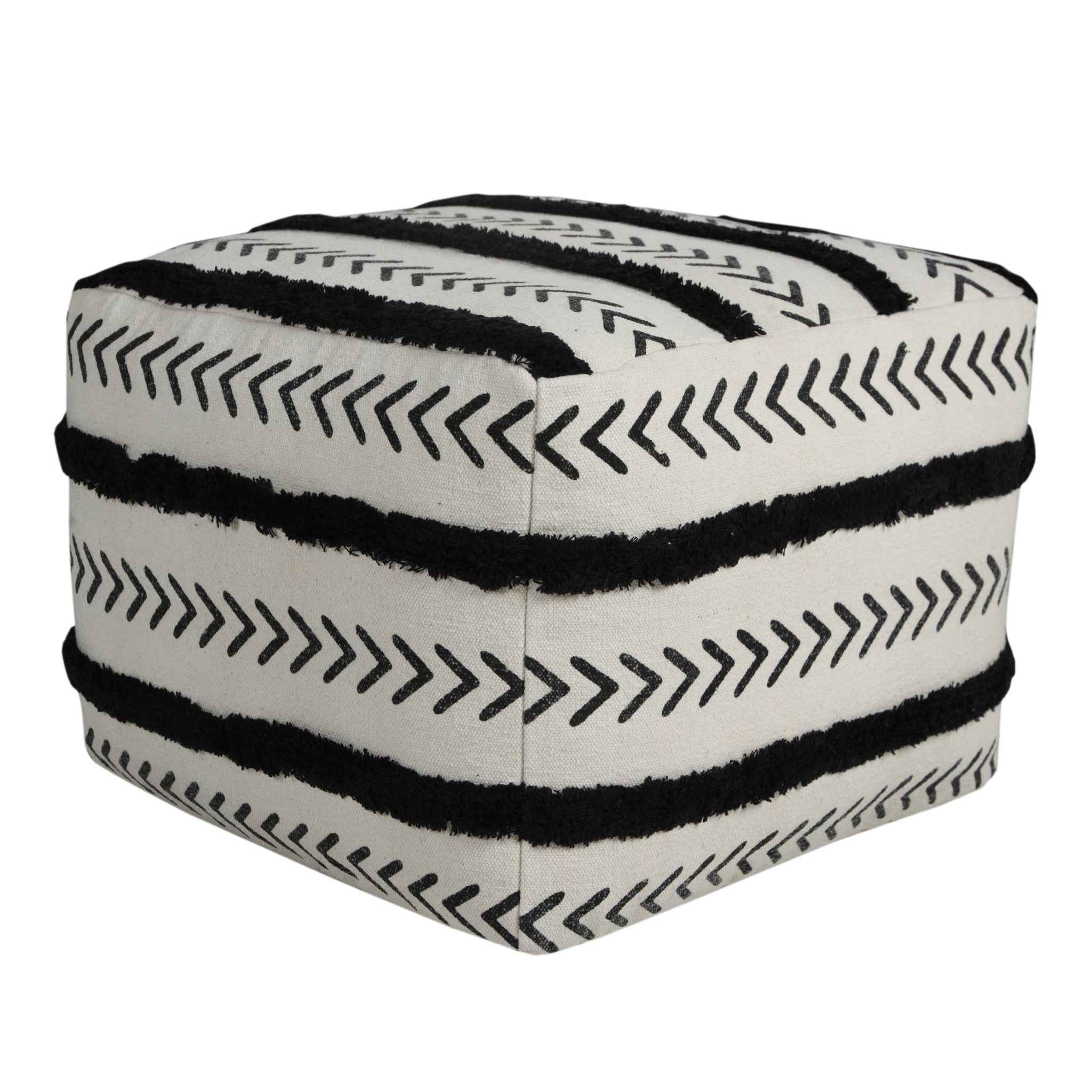 18" White Cotton Striped Pouf Ottoman