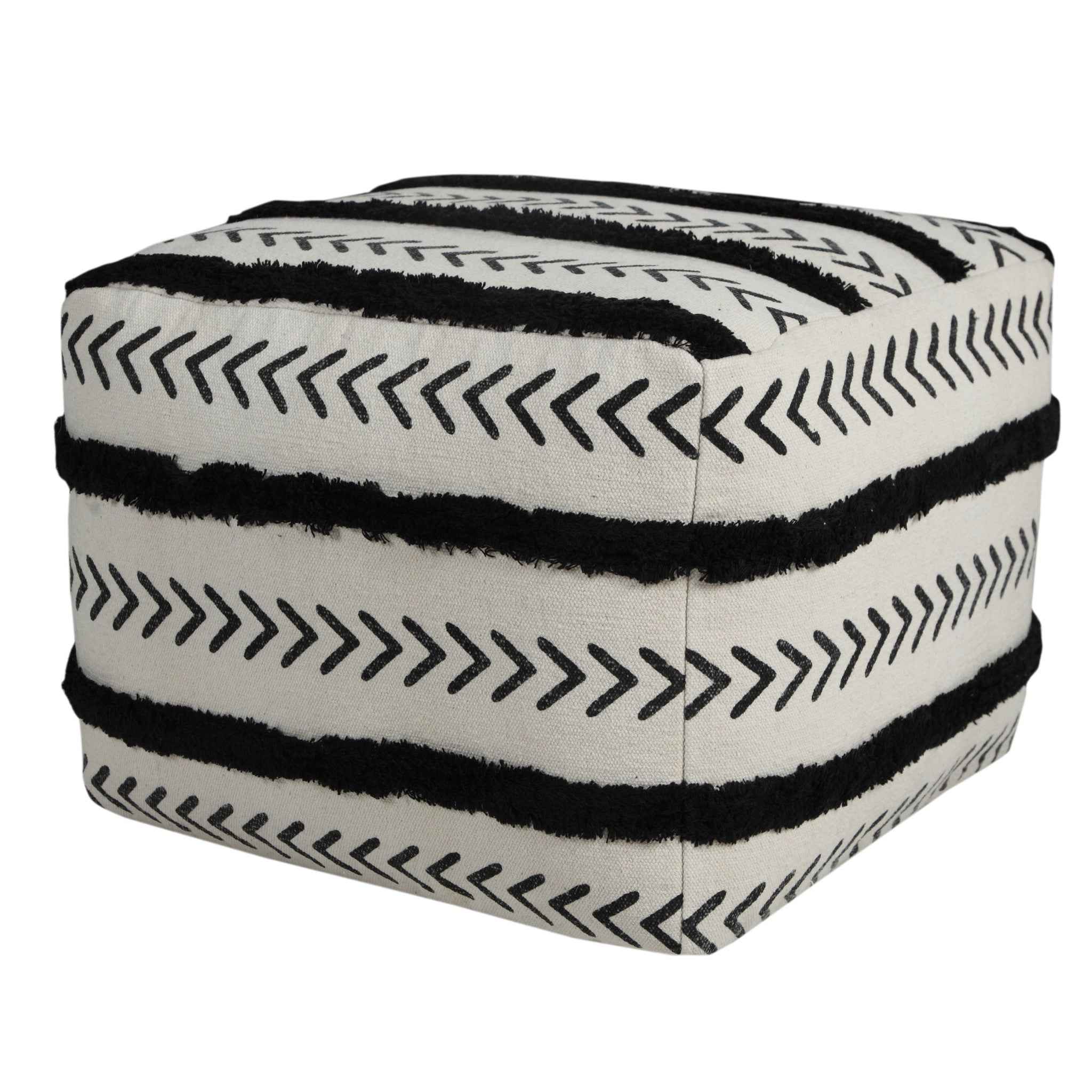 18" White Cotton Striped Pouf Ottoman