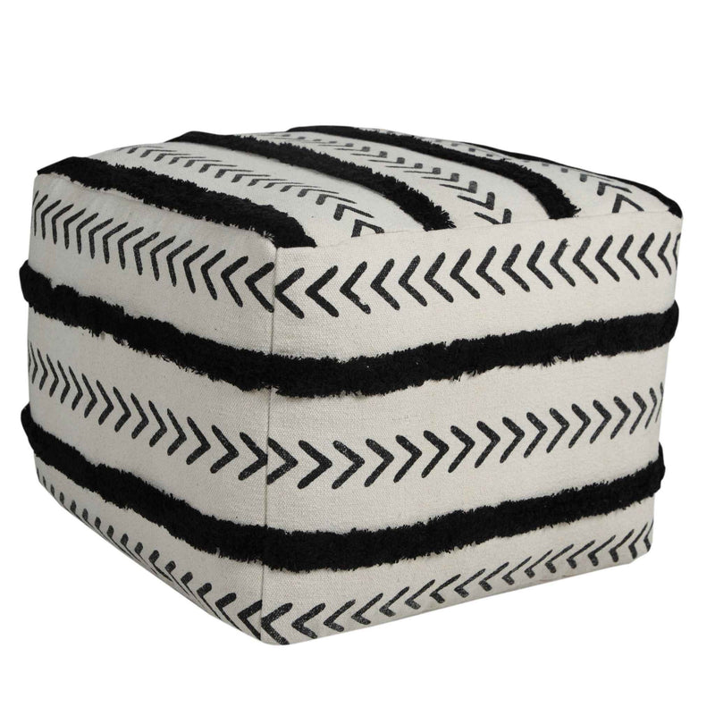 18" White Cotton Striped Pouf Ottoman
