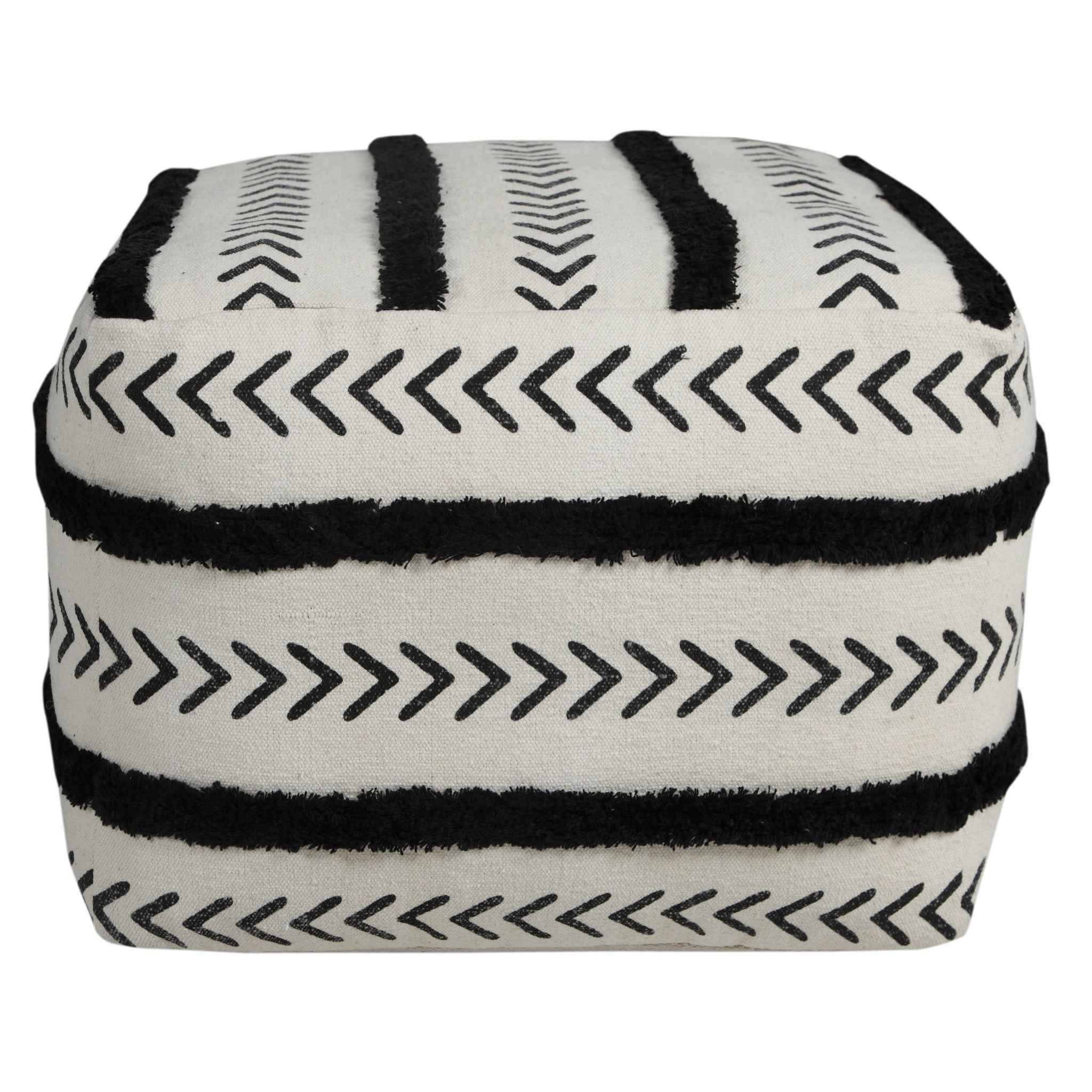 18" White Cotton Striped Pouf Ottoman