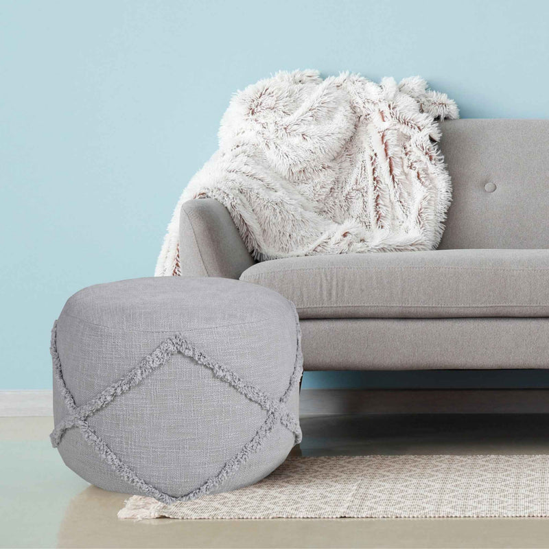 18" Gray Cotton Cylinder Geometric Pouf Ottoman