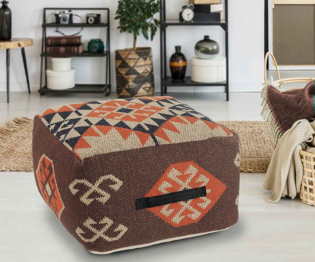 18" Brown Tribal Pouf Ottoman