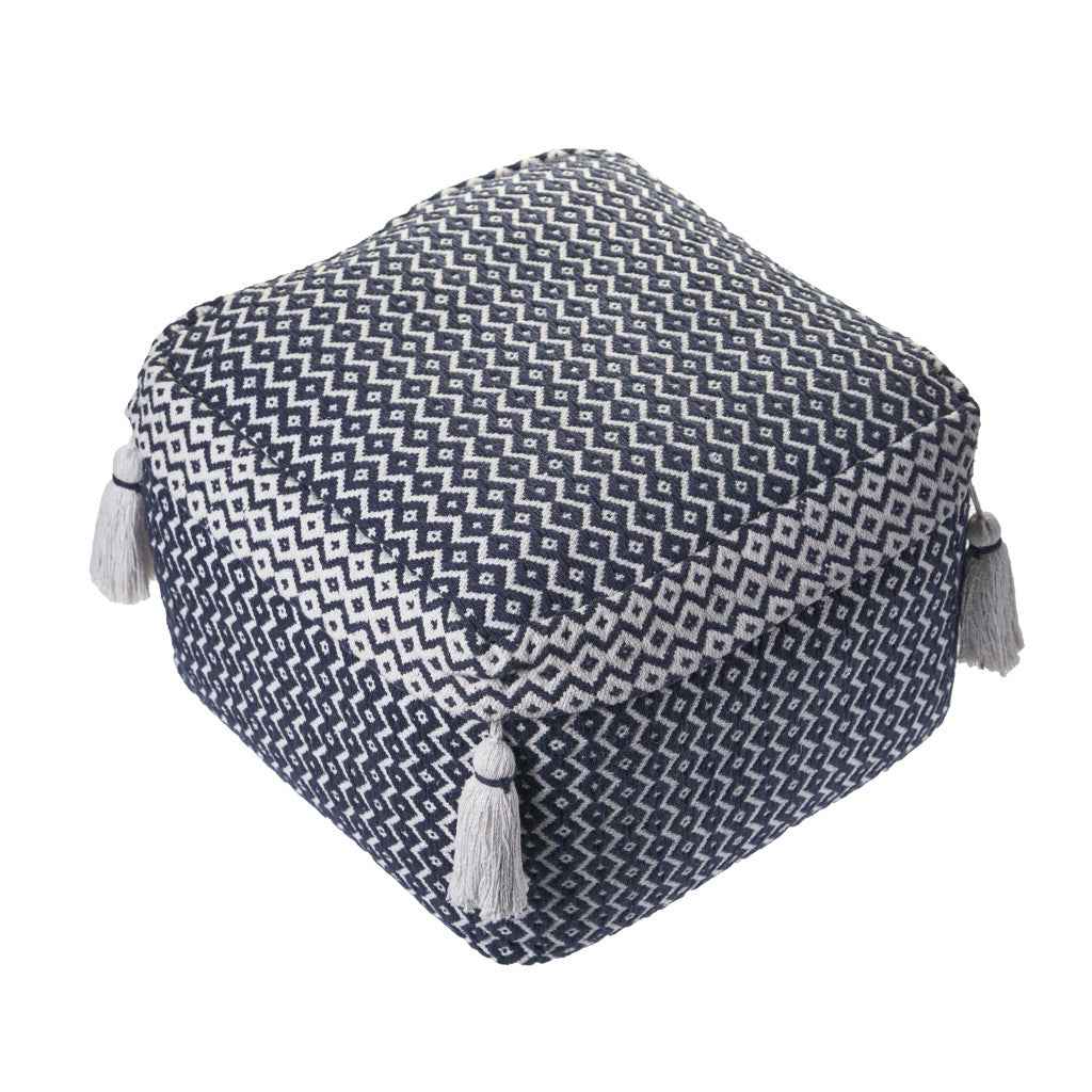 18" Blue Cotton Geometric Pouf Ottoman