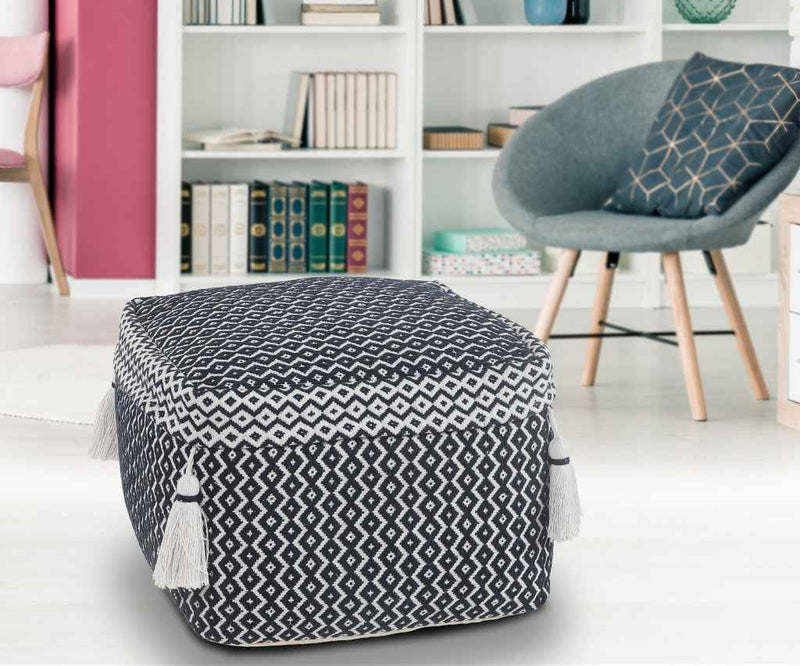 18" Blue Cotton Geometric Pouf Ottoman