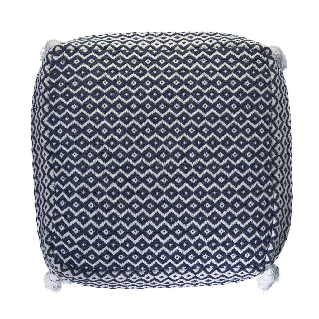 18" Blue Cotton Geometric Pouf Ottoman