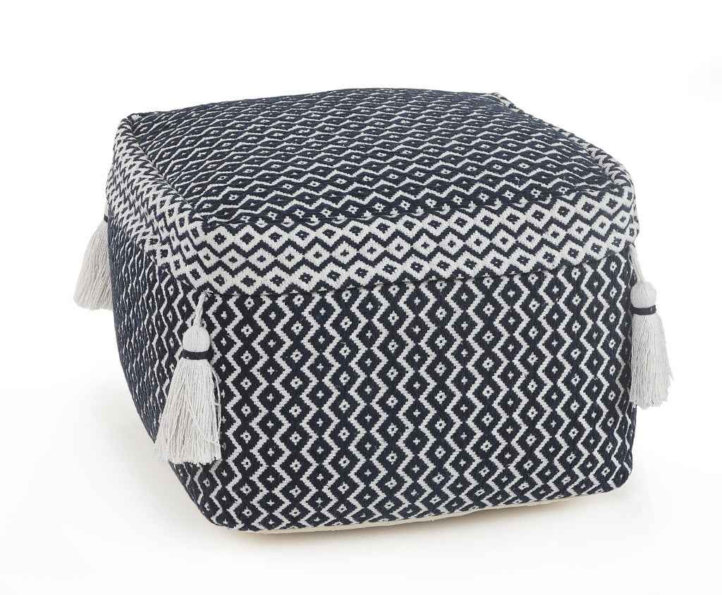 18" Blue Cotton Geometric Pouf Ottoman