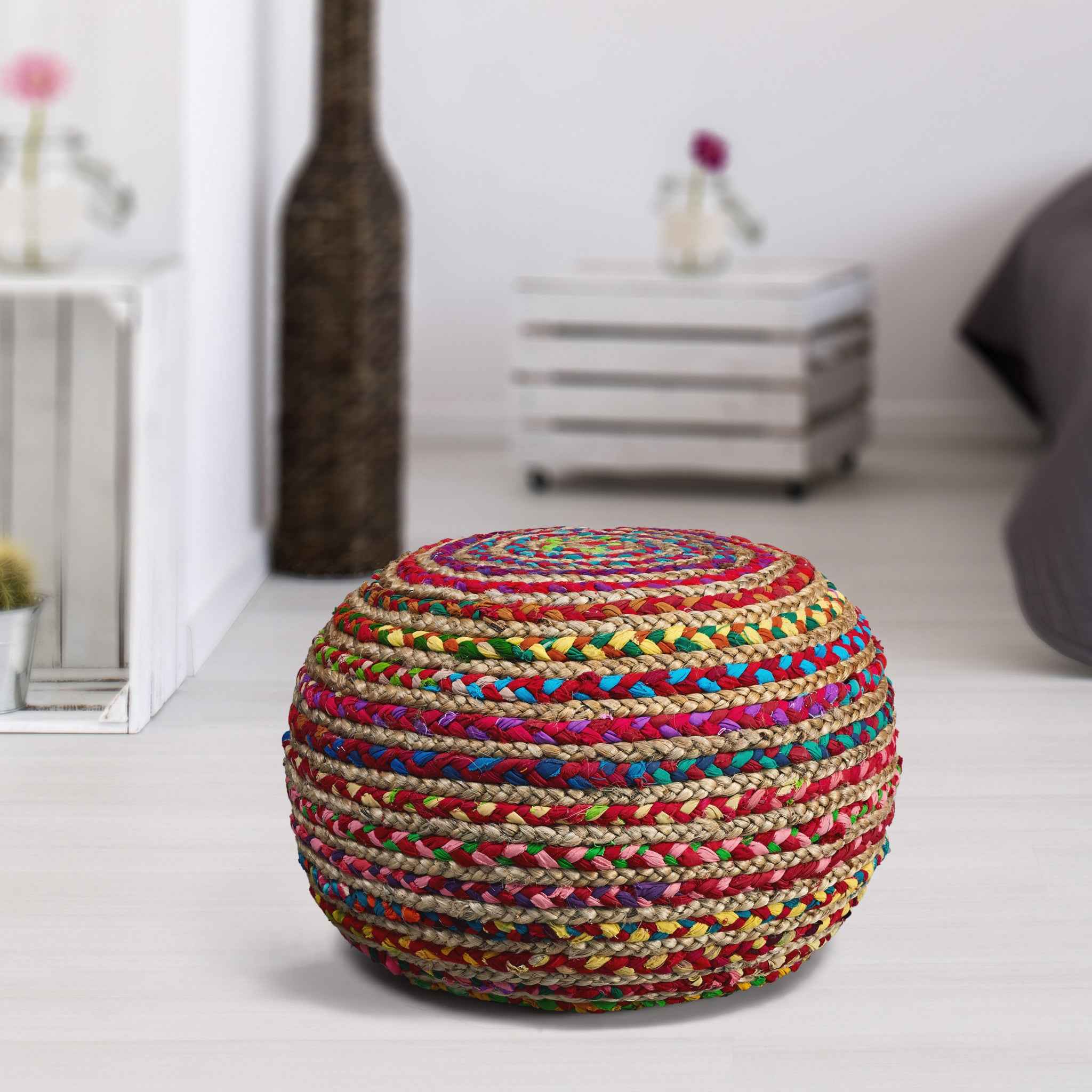 20" Rainbow Cotton Blend Round Striped Pouf Ottoman