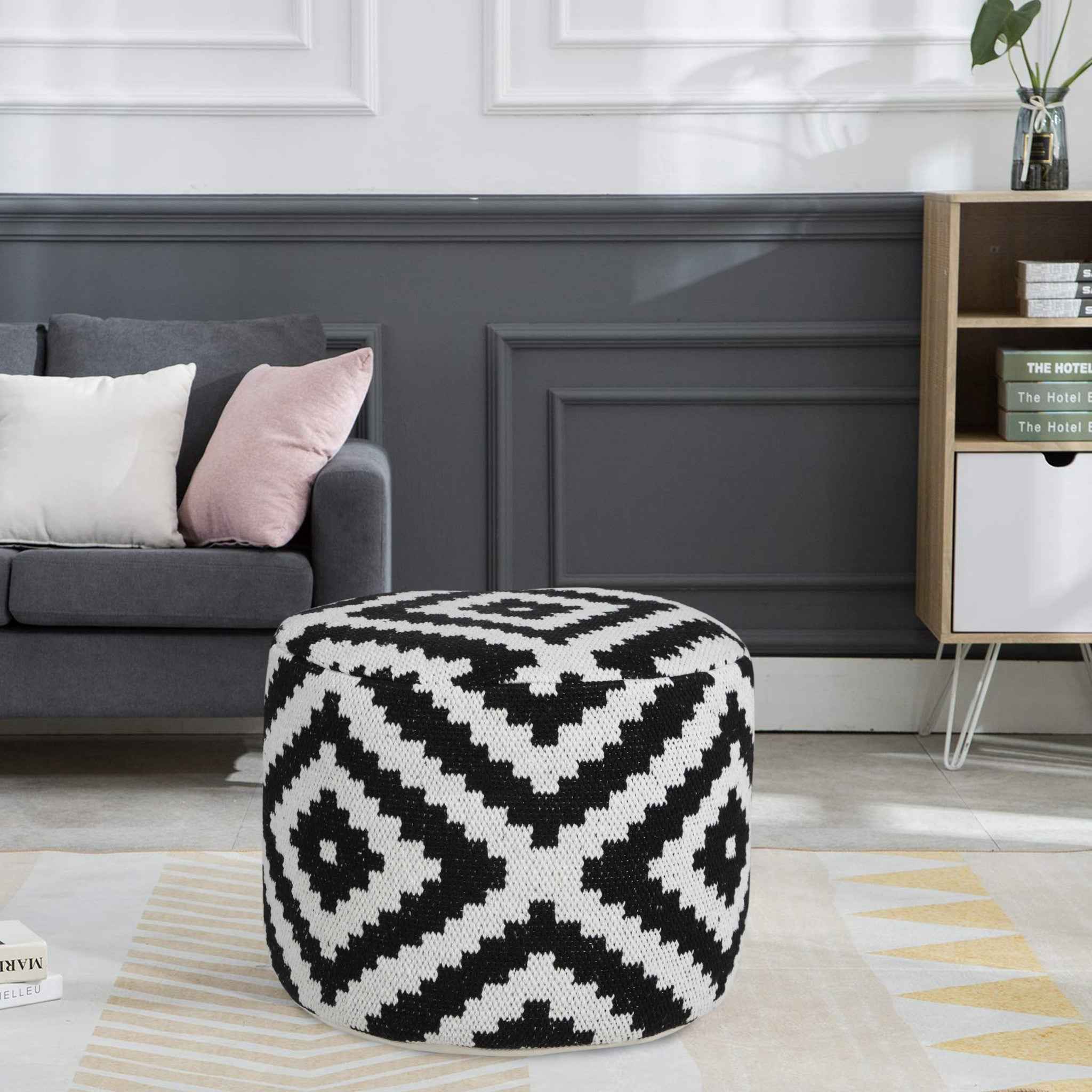 18" Black Cylinder Geometric Pouf Ottoman
