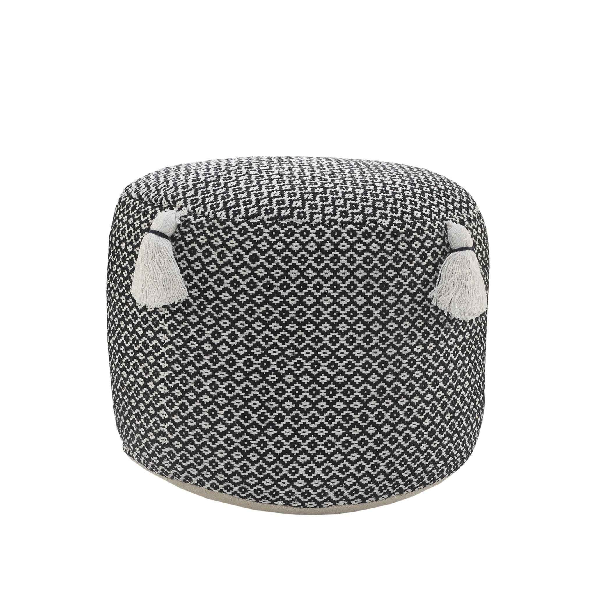 18" Black Cotton Cylinder Geometric Pouf Ottoman