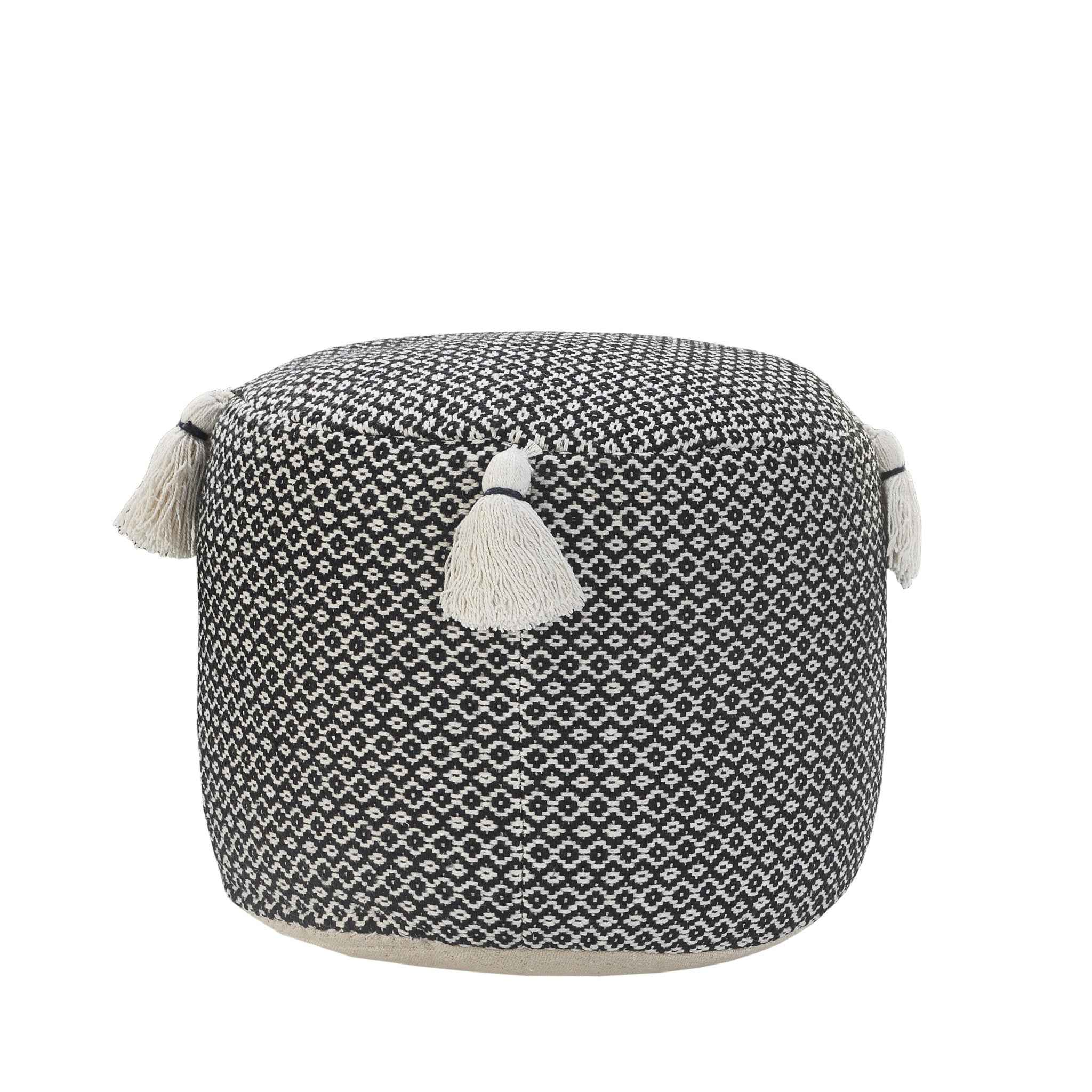 18" Black Cotton Cylinder Geometric Pouf Ottoman