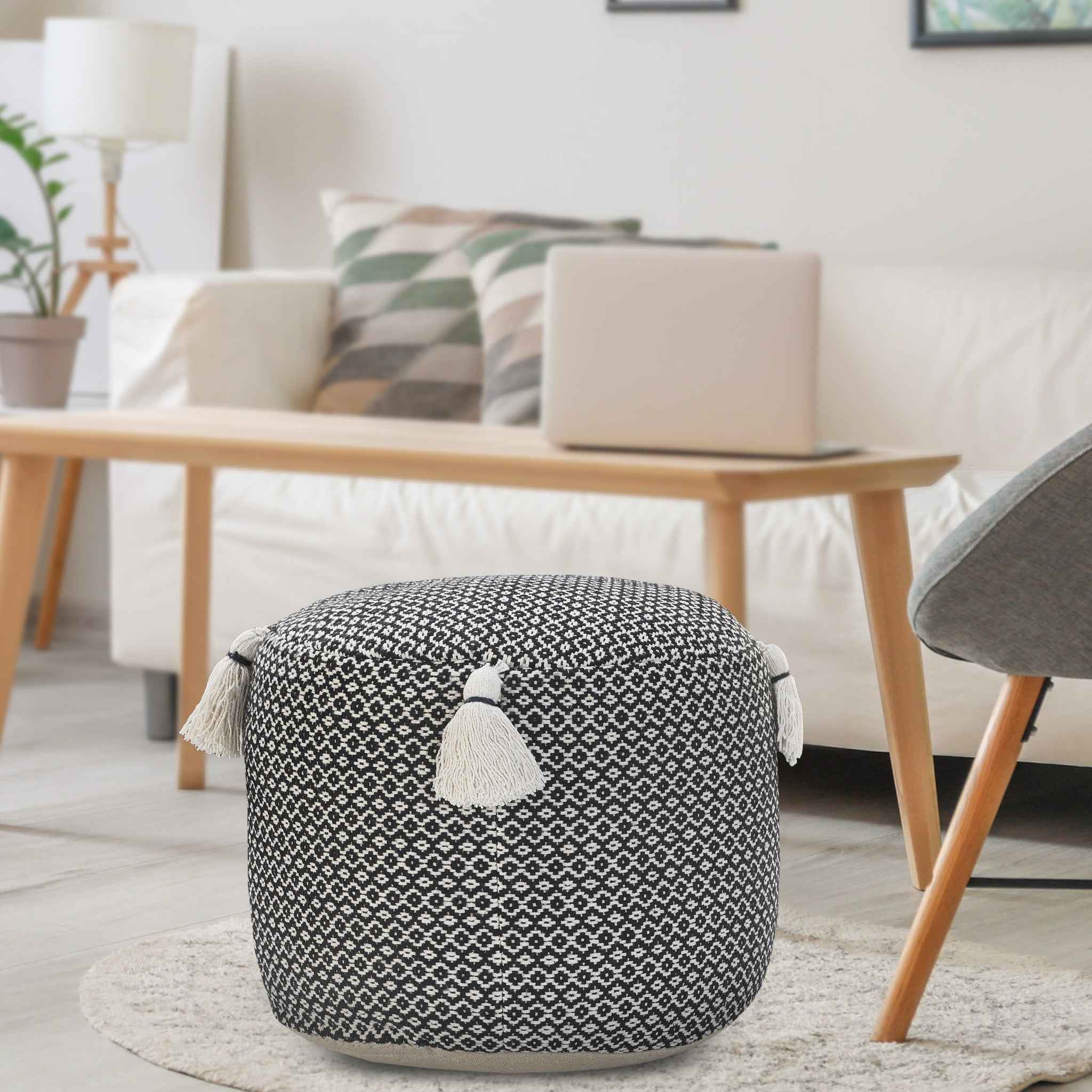 18" Black Cotton Cylinder Geometric Pouf Ottoman