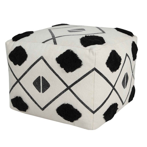 18" White Cotton Geometric Pouf Ottoman