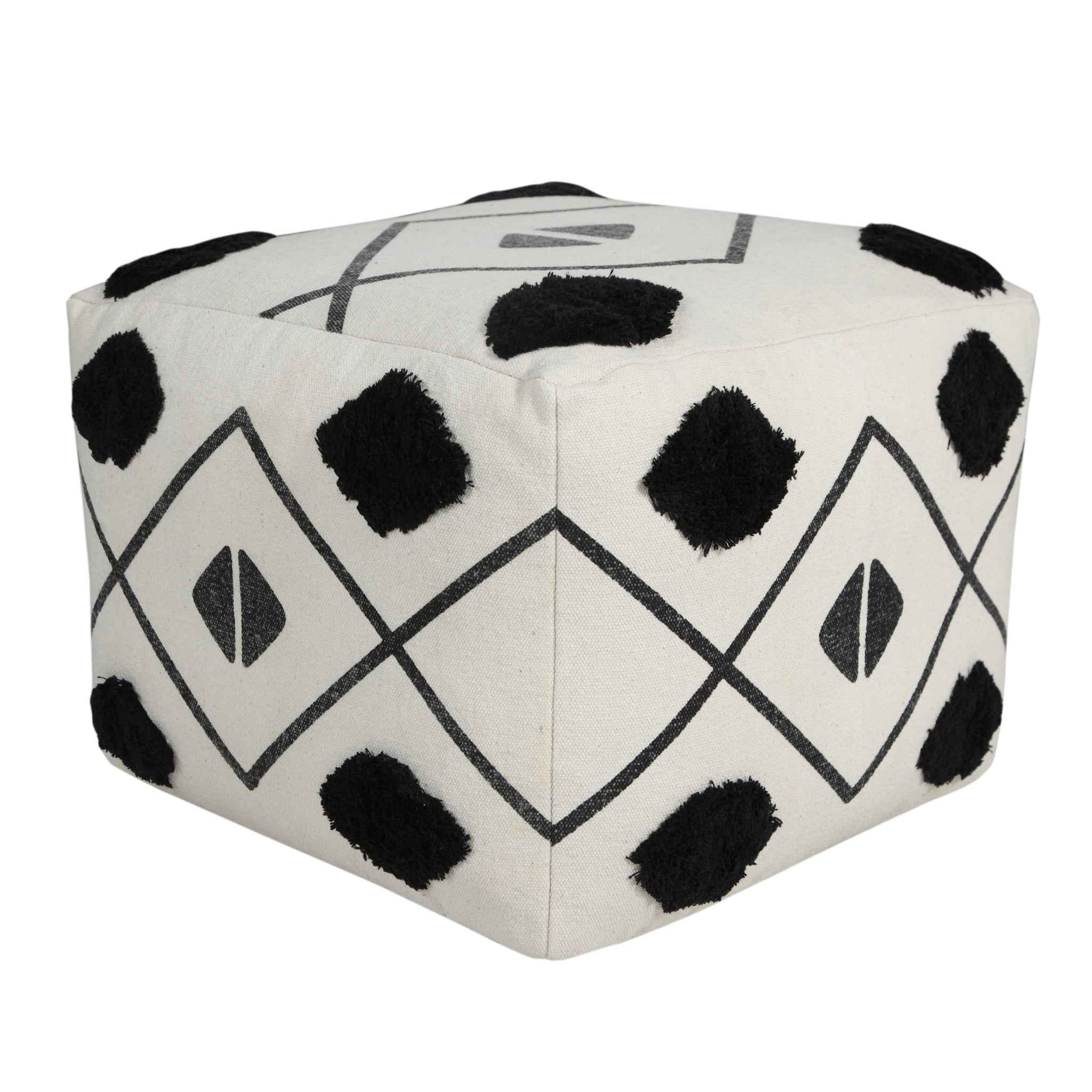 18" White Cotton Geometric Pouf Ottoman
