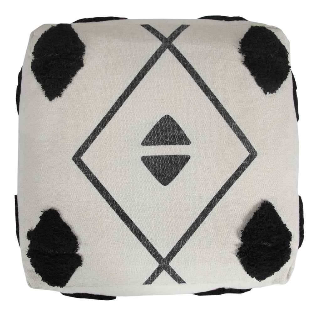 18" White Cotton Geometric Pouf Ottoman