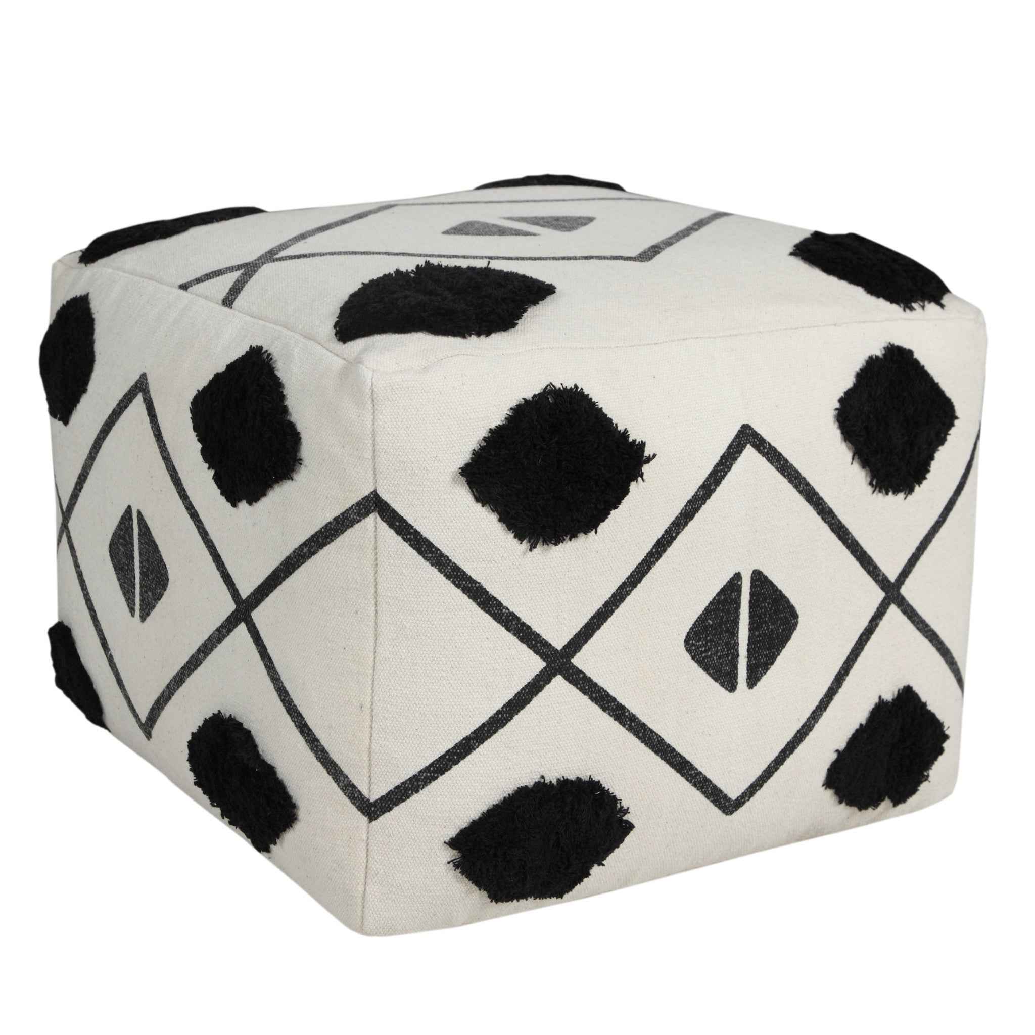 18" White Cotton Geometric Pouf Ottoman