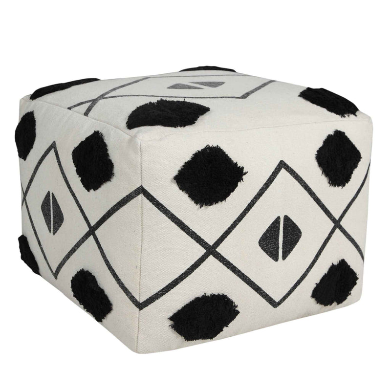 18" White Cotton Geometric Pouf Ottoman