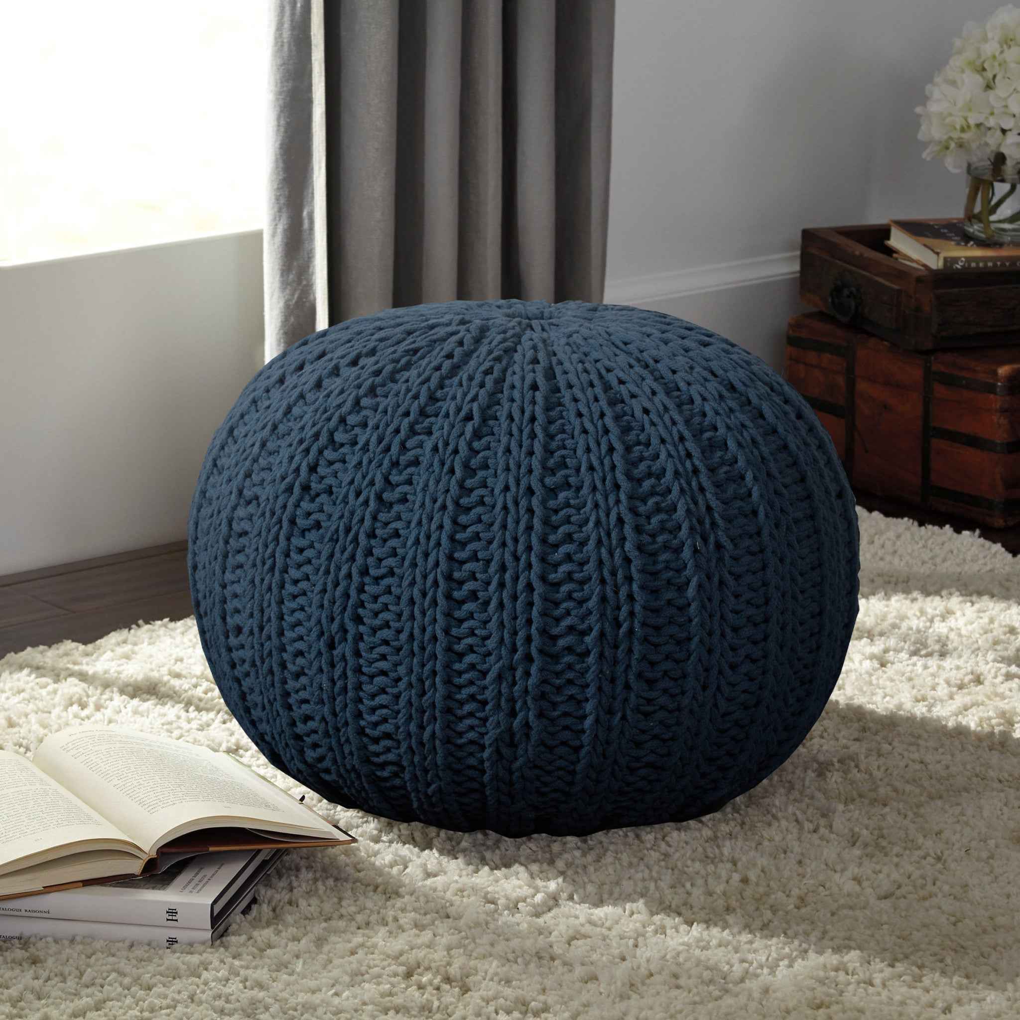 20" Blue Cotton Round Pouf Ottoman