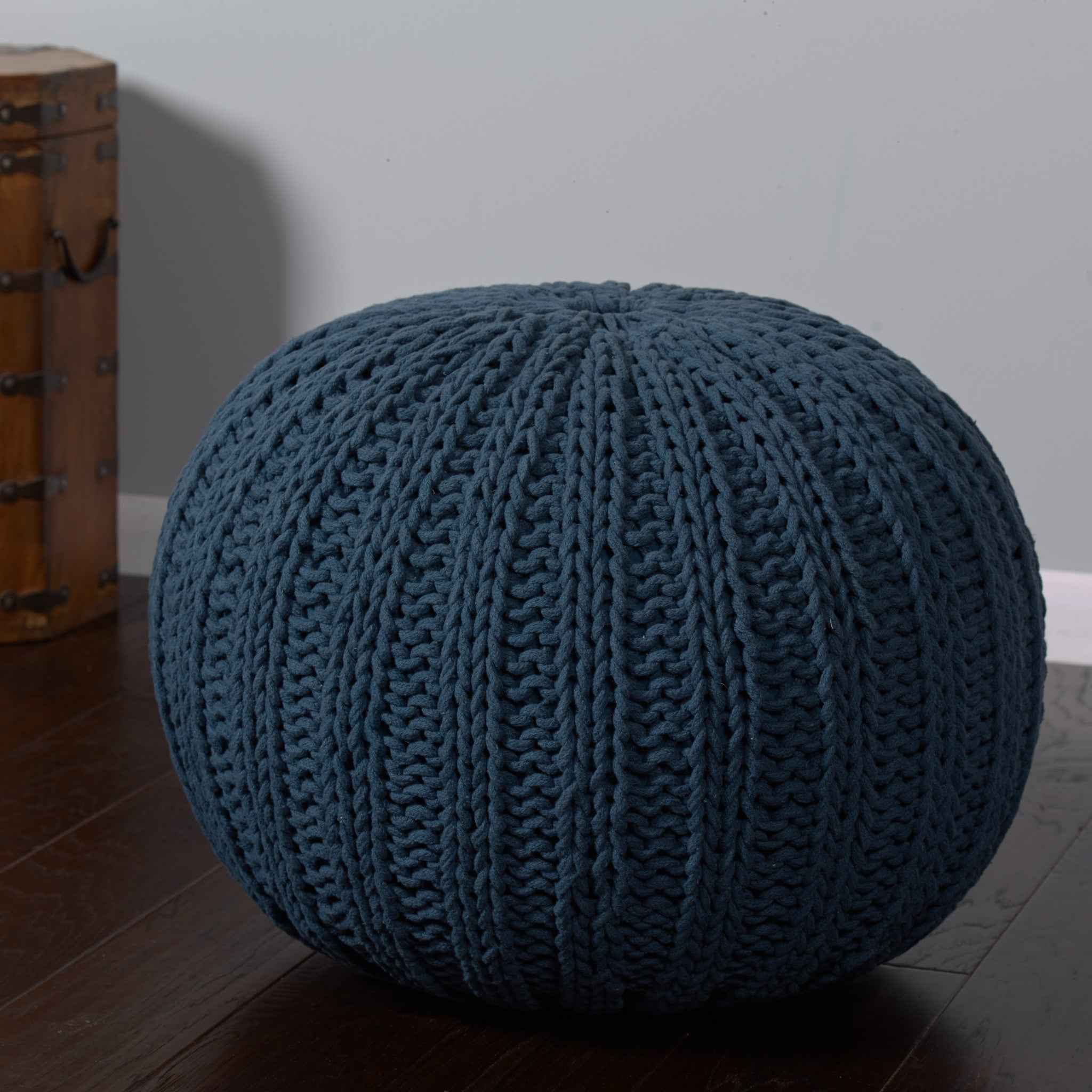 20" Blue Cotton Round Pouf Ottoman