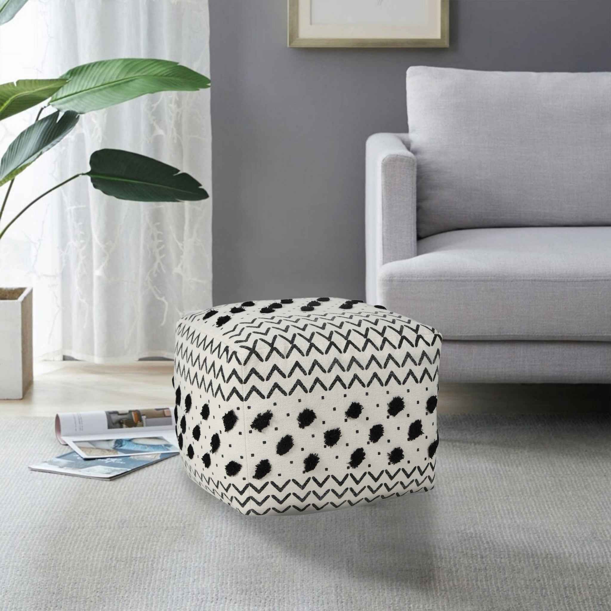 18" White Cotton Chevron Pouf Ottoman