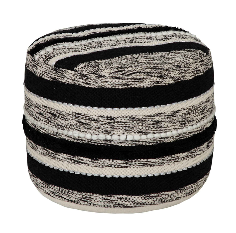 18" White Cotton Cylinder Striped Pouf Ottoman