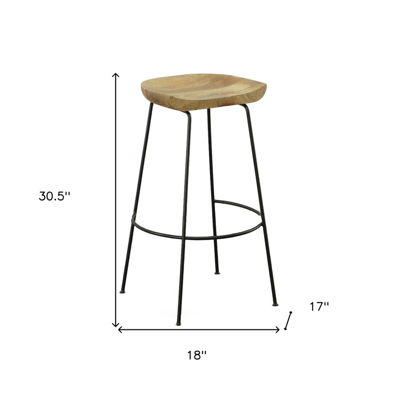 Set of Two 31" Natural and Black Solid Wood and Steel Backless Bar Height Bar Chairs
